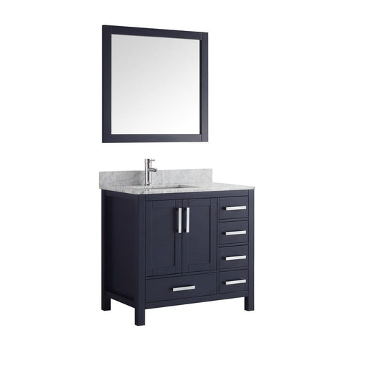 Lexora Jacques 36" Navy Blue Single Vanity Set | White Carrara Marble Top | White Ceramic Square Undermount Sink | 34" Mirror - Left Version