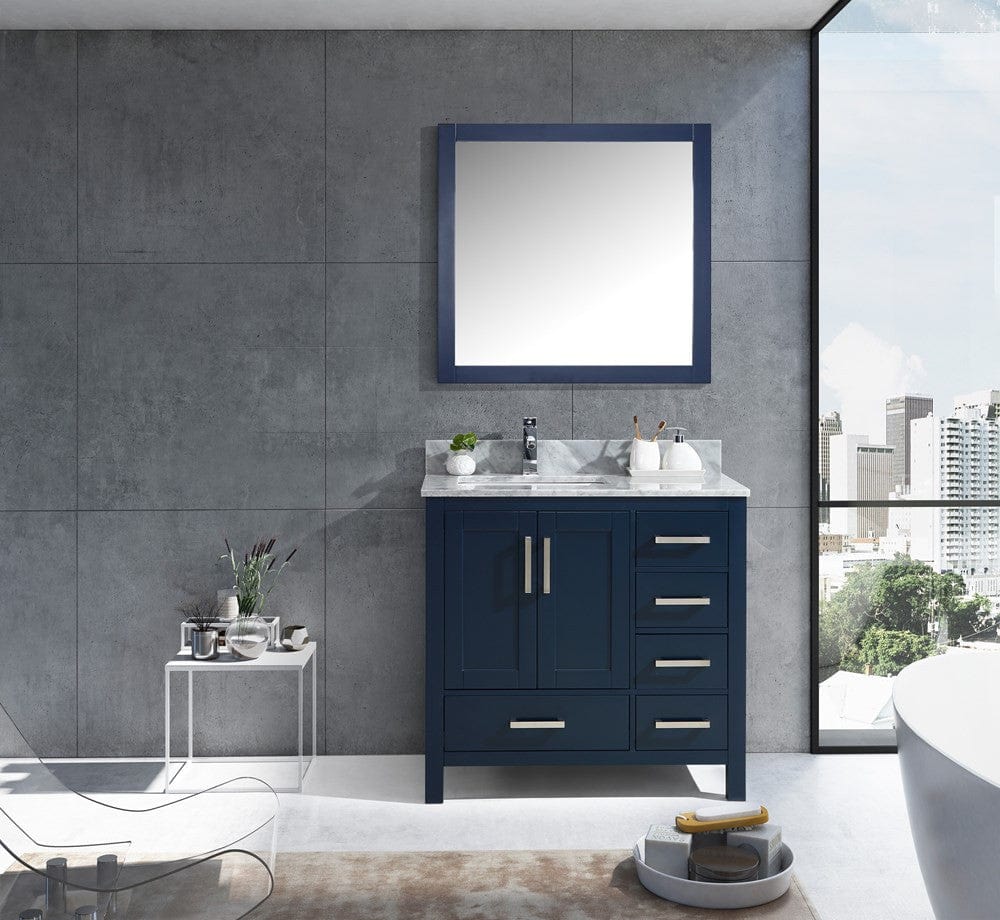 Lexora Jacques 36" Navy Blue Single Vanity Set | White Carrara Marble Top | White Ceramic Square Undermount Sink | 34" Mirror - Left Version