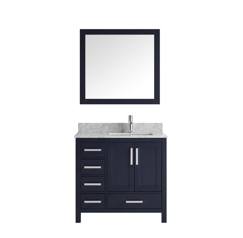 Lexora Jacques 36" Navy Blue Single Vanity Set | White Carrara Marble Top | White Ceramic Square Undermount Sink | 34" Mirror - Right Version