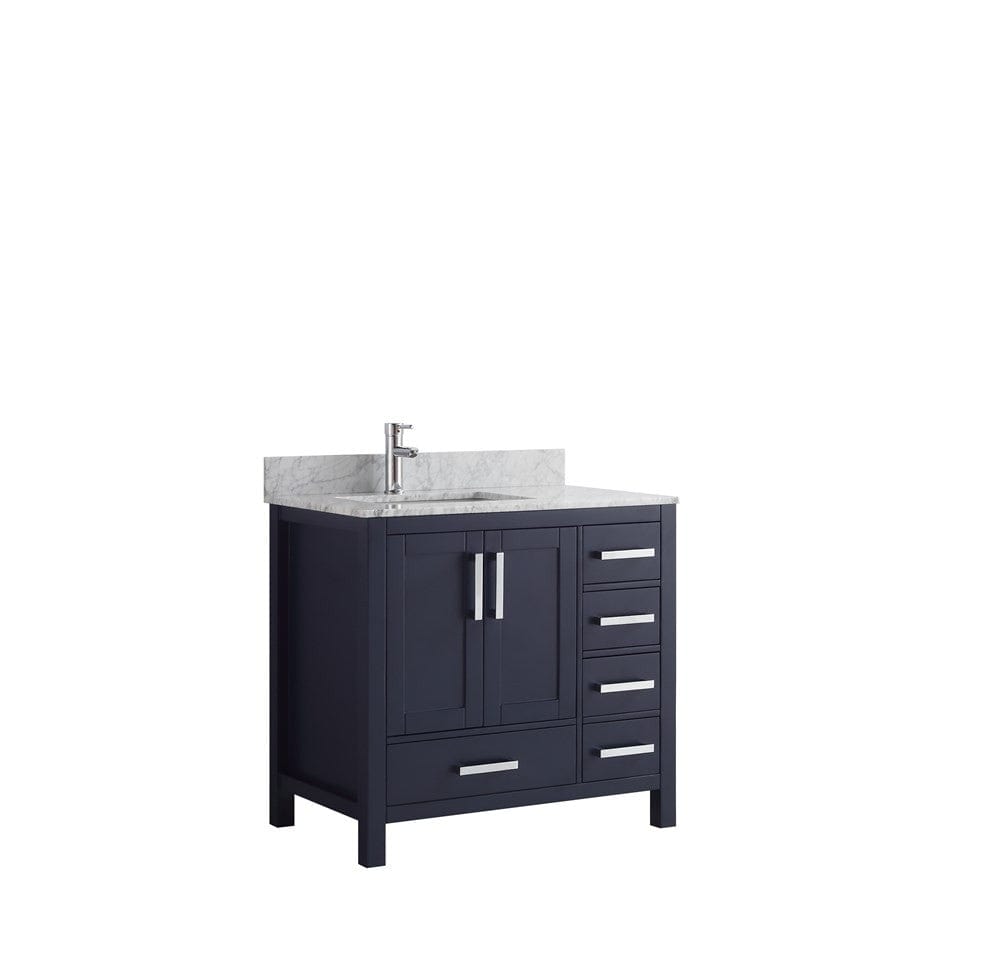 Lexora Jacques 36" Navy Blue Single Vanity | White Carrara Marble Top | White Ceramic Square Undermount Sink | No Mirror - Left Version