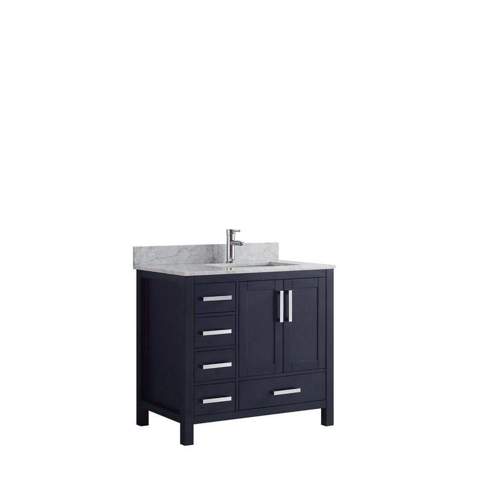 Lexora Jacques 36" Navy Blue Single Vanity | White Carrara Marble Top | White Ceramic Square Undermount Sink | No Mirror - Right Version