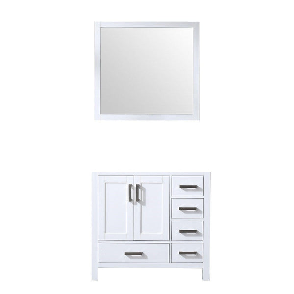 Lexora Jacques 36 White Single Vanity | No Top | 34 Mirror - Left Version