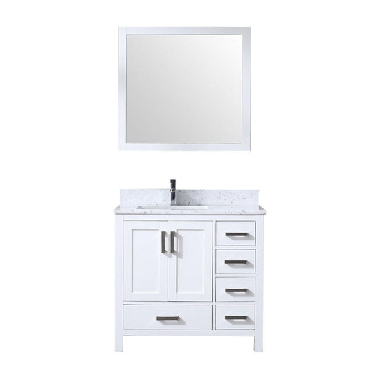 Lexora Jacques 36" White Single Vanity Set | White Carrara Marble Top | White Ceramic Square Undermount Sink | 34" Mirror - Left Version