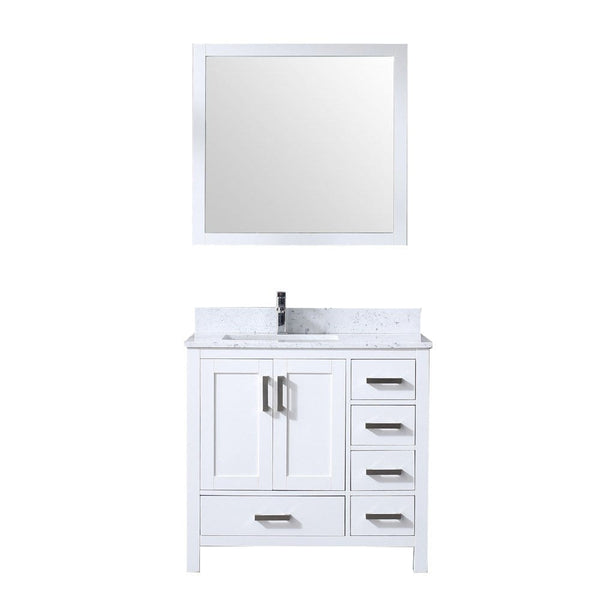 Lexora Jacques 36 White Single Vanity Set | White Carrara Marble Top | White Ceramic Square Undermount Sink | 34 Mirror - Left Version