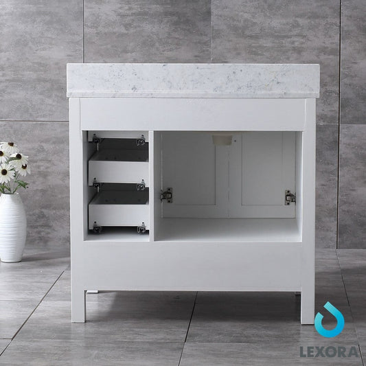 Lexora Jacques 36" White Single Vanity Set | White Carrara Marble Top | White Ceramic Square Undermount Sink | 34" Mirror - Left Version