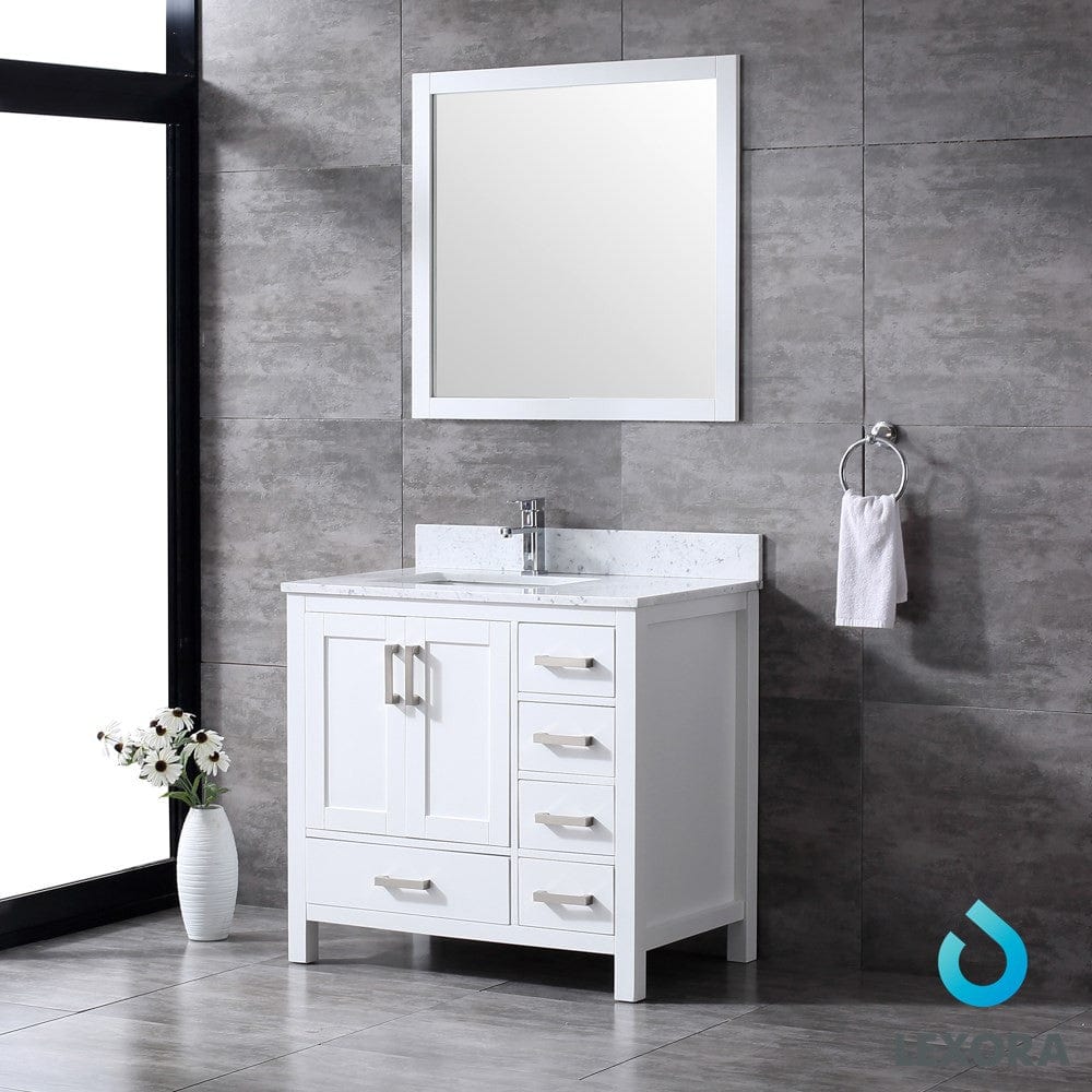 Lexora Jacques 36" White Single Vanity Set | White Carrara Marble Top | White Ceramic Square Undermount Sink | 34" Mirror - Left Version