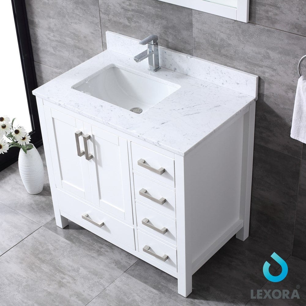 Lexora Jacques 36" White Single Vanity Set | White Carrara Marble Top | White Ceramic Square Undermount Sink | 34" Mirror - Left Version