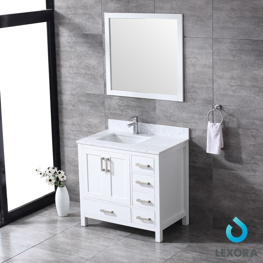 Lexora Jacques 36" White Single Vanity Set | White Carrara Marble Top | White Ceramic Square Undermount Sink | 34" Mirror - Left Version