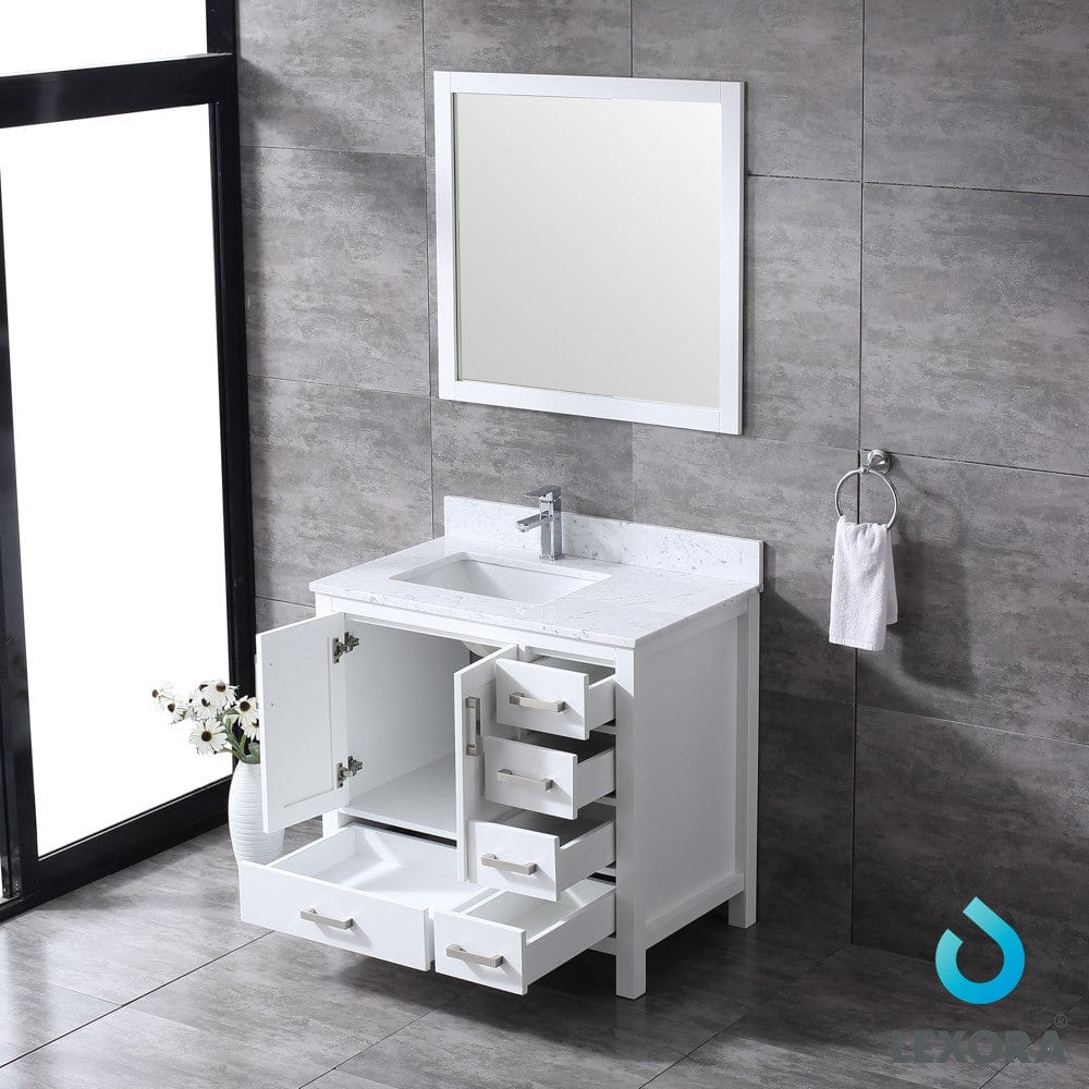 Lexora Jacques 36" White Single Vanity Set | White Carrara Marble Top | White Ceramic Square Undermount Sink | 34" Mirror - Left Version