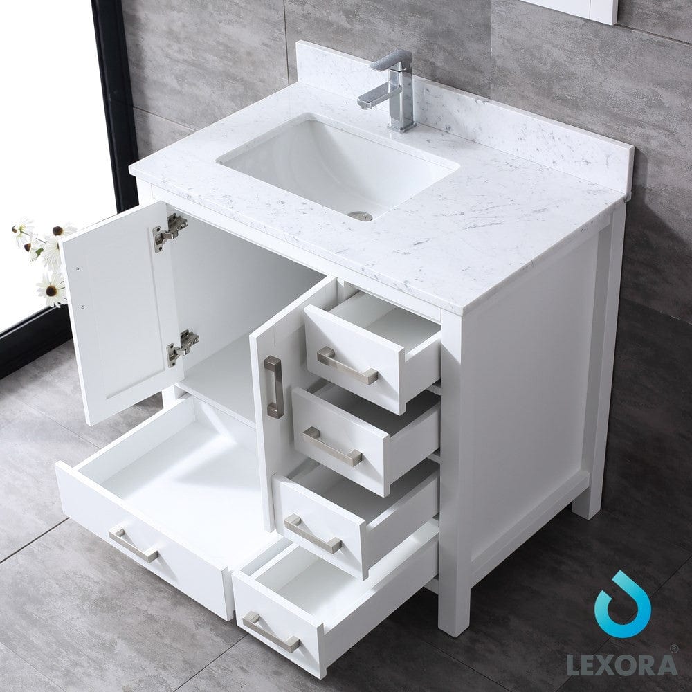 Lexora Jacques 36" White Single Vanity Set | White Carrara Marble Top | White Ceramic Square Undermount Sink | 34" Mirror - Left Version