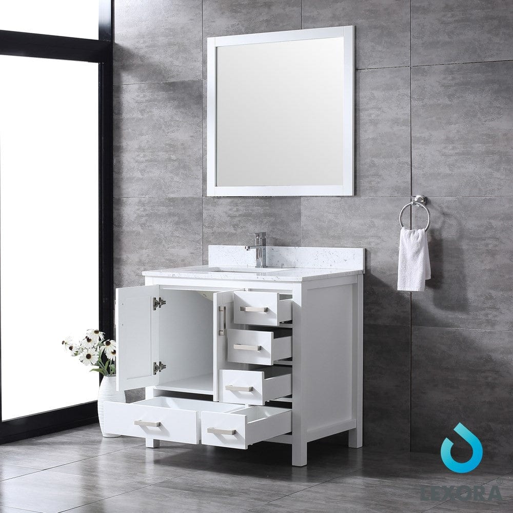 Lexora Jacques 36" White Single Vanity Set | White Carrara Marble Top | White Ceramic Square Undermount Sink | 34" Mirror - Left Version