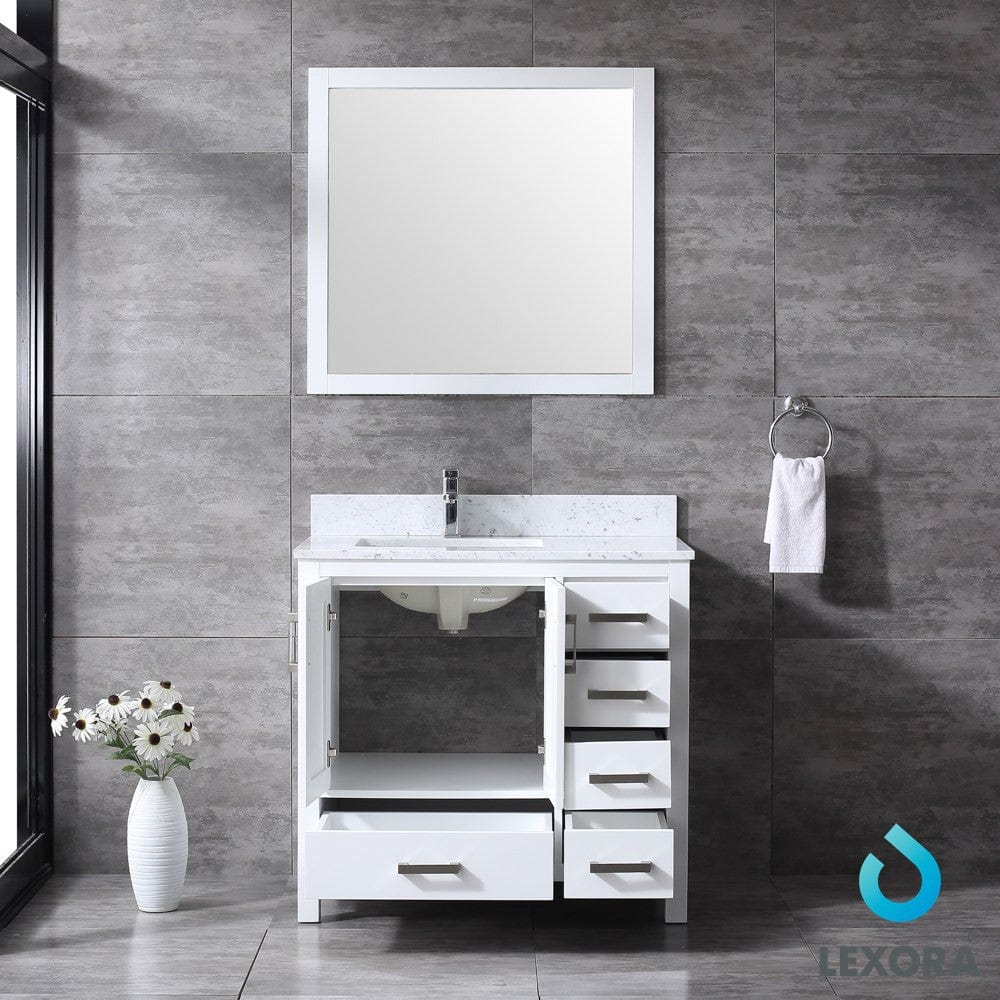 Lexora Jacques 36" White Single Vanity Set | White Carrara Marble Top | White Ceramic Square Undermount Sink | 34" Mirror - Left Version