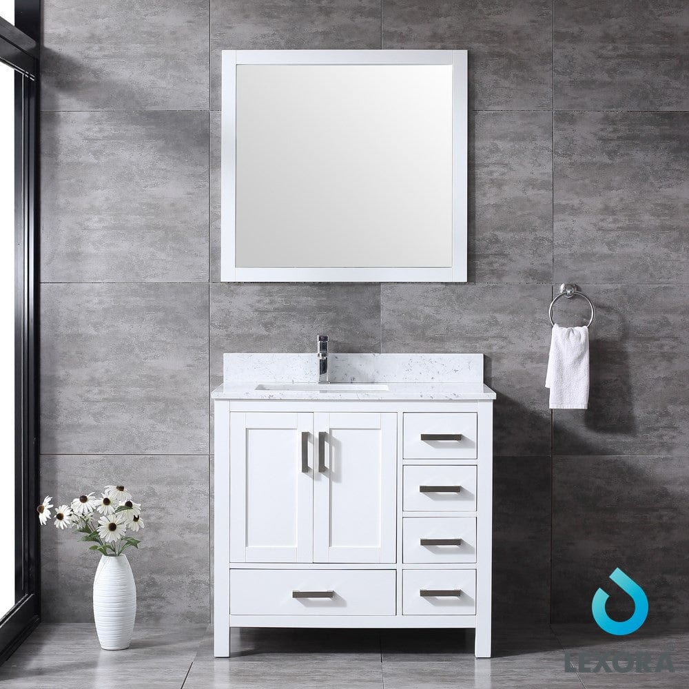 Lexora Jacques 36" White Single Vanity Set | White Carrara Marble Top | White Ceramic Square Undermount Sink | 34" Mirror - Left Version