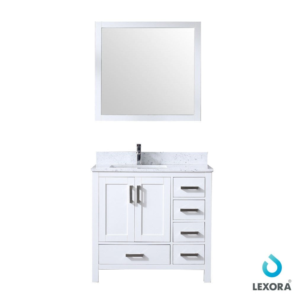 Lexora Jacques 36" White Single Vanity Set | White Carrara Marble Top | White Ceramic Square Undermount Sink | 34" Mirror - Left Version