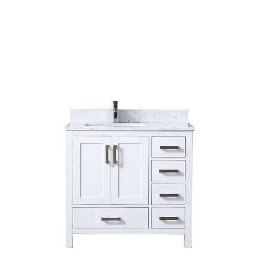 Lexora Vanities Lexora Jacques 36" White Single Vanity | White Carrara Marble Top | White Ceramic Square Undermount Sink | No Mirror - Left Version
