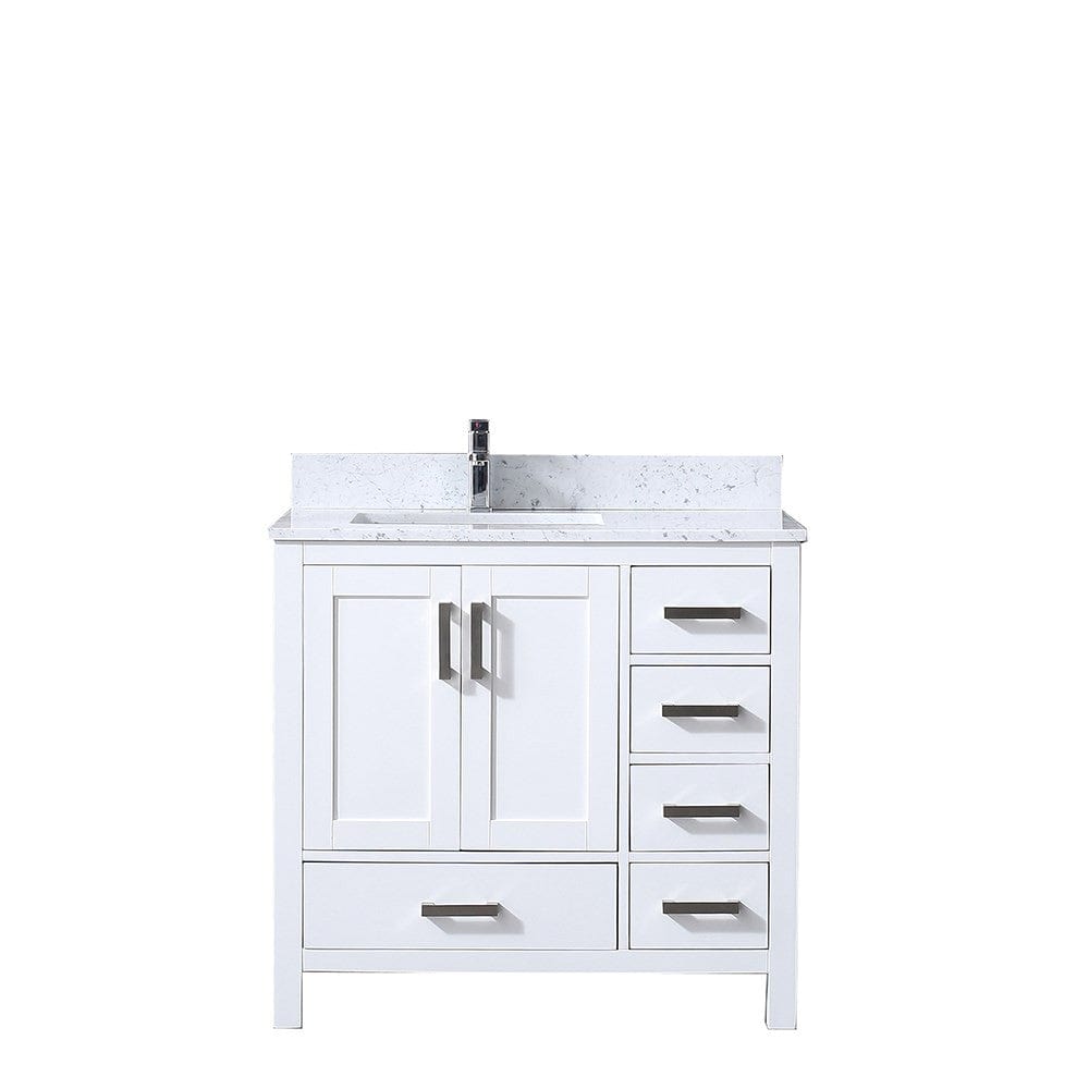 Lexora Jacques 36" White Single Vanity | White Carrara Marble Top | White Ceramic Square Undermount Sink | No Mirror - Left Version