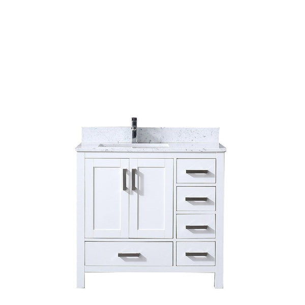 Lexora Jacques 36 White Single Vanity | White Carrara Marble Top | White Ceramic Square Undermount Sink | No Mirror - Left Version