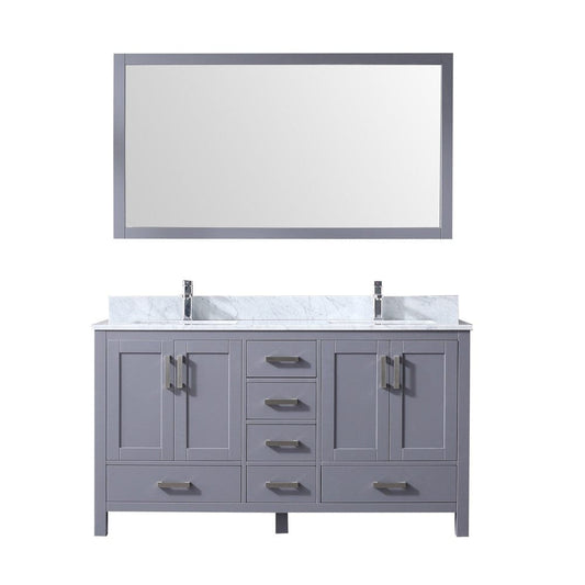 Lexora Vanities Lexora Jacques 60" Dark Grey Double Vanity Set | White Carrara Marble Top | White Ceramic Square Undermount Sinks | 58" Mirror