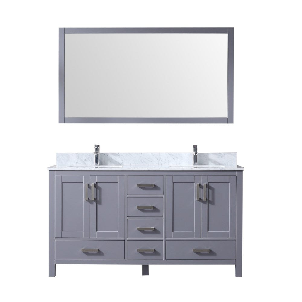 Lexora Jacques 60" Dark Grey Double Vanity Set | White Carrara Marble Top | White Ceramic Square Undermount Sinks | 58" Mirror