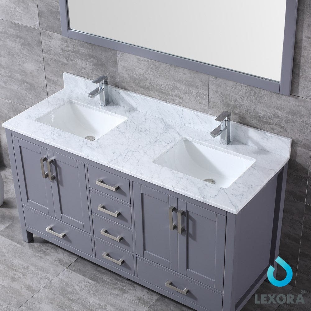 Lexora Jacques 60" Dark Grey Double Vanity Set | White Carrara Marble Top | White Ceramic Square Undermount Sinks | 58" Mirror