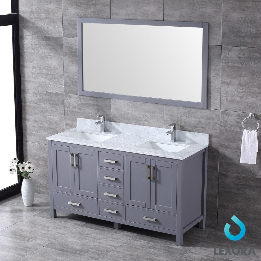 Lexora Jacques 60" Dark Grey Double Vanity Set | White Carrara Marble Top | White Ceramic Square Undermount Sinks | 58" Mirror