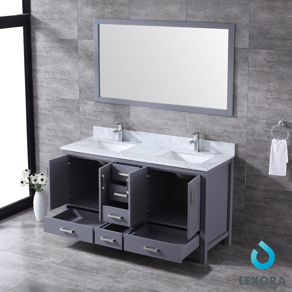 Lexora Jacques 60" Dark Grey Double Vanity Set | White Carrara Marble Top | White Ceramic Square Undermount Sinks | 58" Mirror