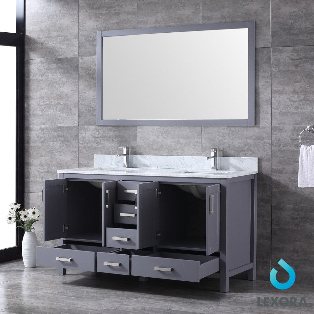 Lexora Jacques 60" Dark Grey Double Vanity Set | White Carrara Marble Top | White Ceramic Square Undermount Sinks | 58" Mirror