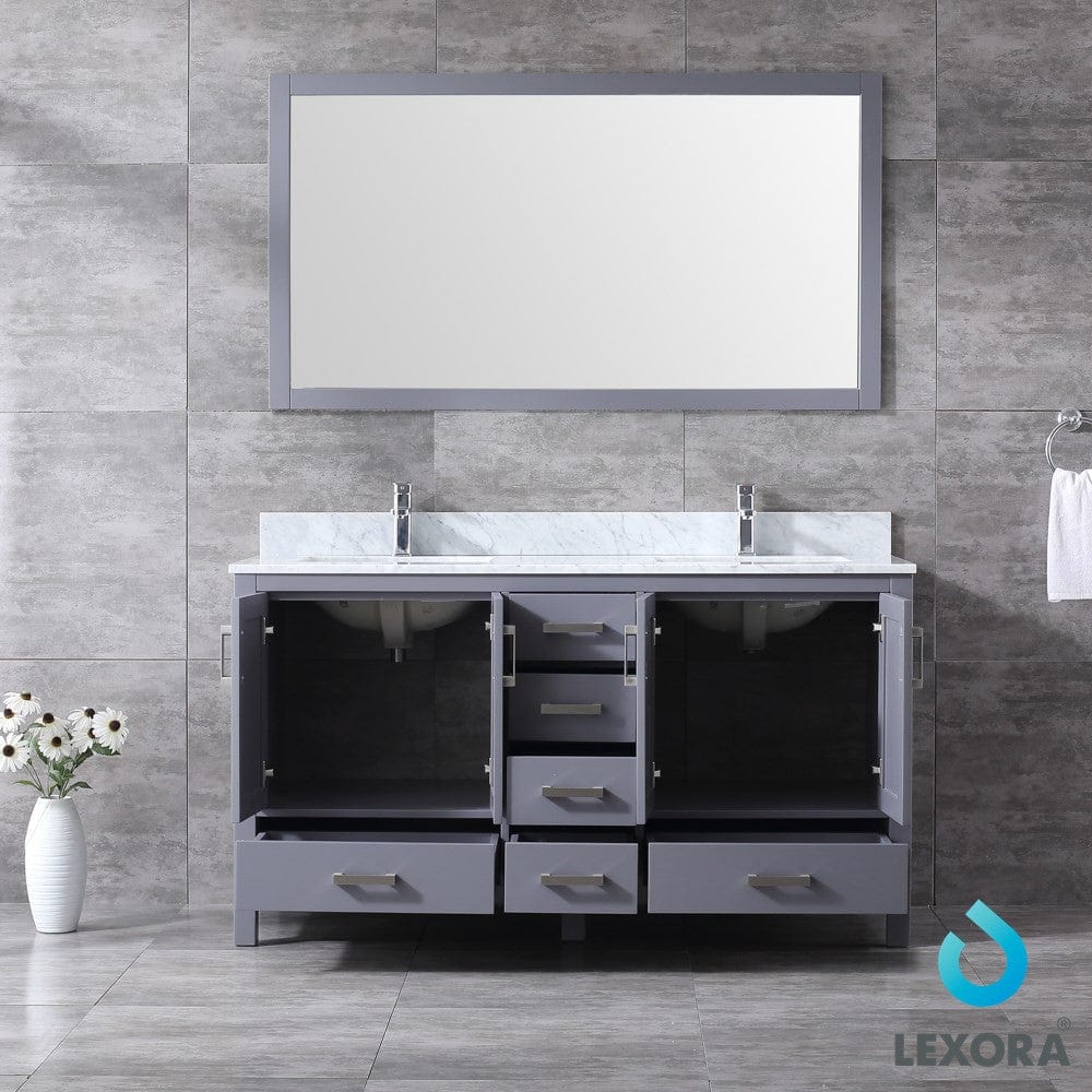 Lexora Jacques 60" Dark Grey Double Vanity Set | White Carrara Marble Top | White Ceramic Square Undermount Sinks | 58" Mirror