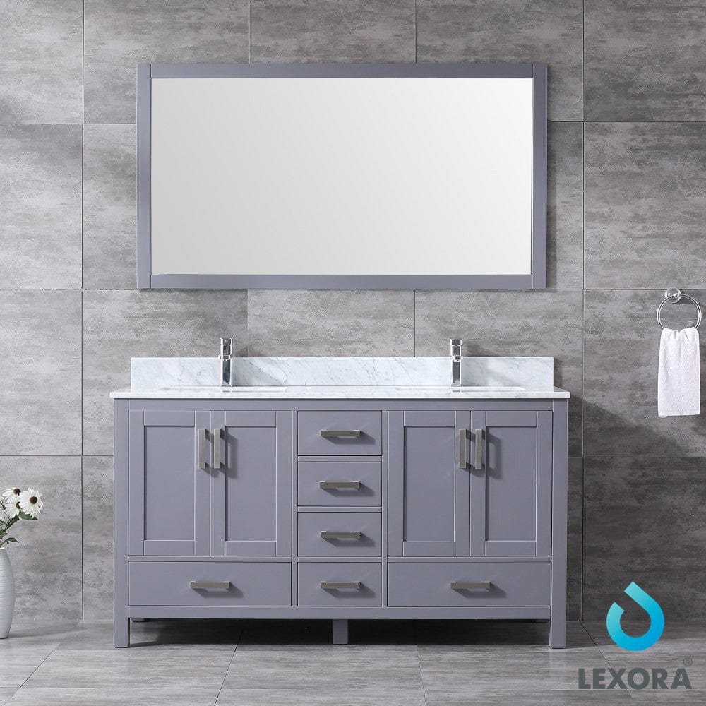 Lexora Jacques 60" Dark Grey Double Vanity Set | White Carrara Marble Top | White Ceramic Square Undermount Sinks | 58" Mirror