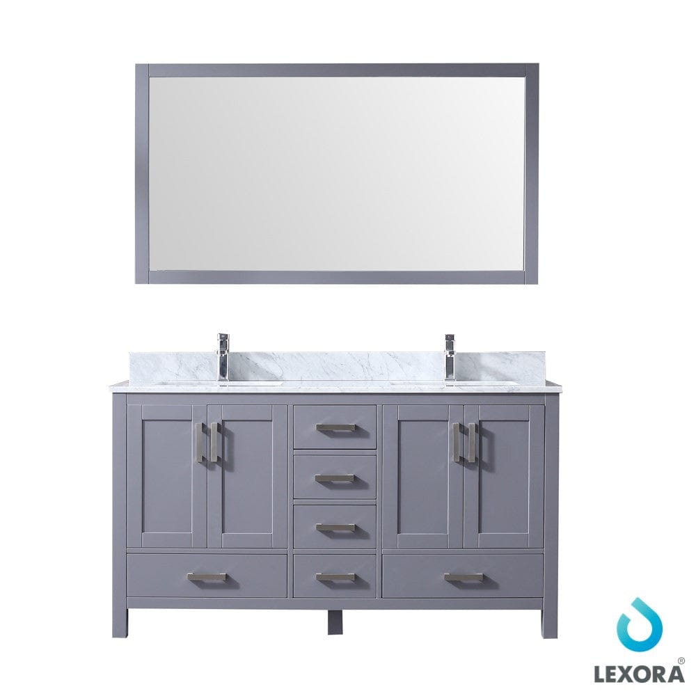 Lexora Jacques 60" Dark Grey Double Vanity Set | White Carrara Marble Top | White Ceramic Square Undermount Sinks | 58" Mirror