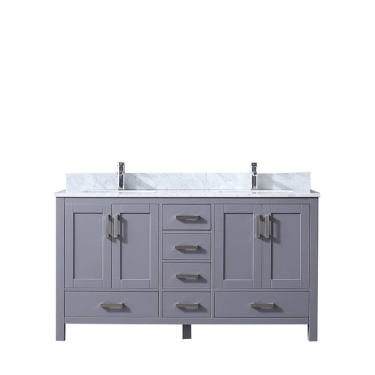 Lexora Jacques 60" Dark Grey Double Vanity | White Carrara Marble Top | White Ceramic Square Undermount Sinks | No Mirror