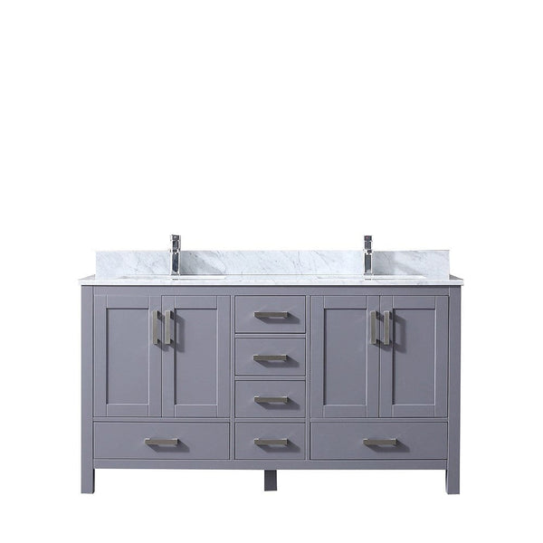 Lexora Jacques 60 Dark Grey Double Vanity | White Carrara Marble Top | White Ceramic Square Undermount Sinks | No Mirror