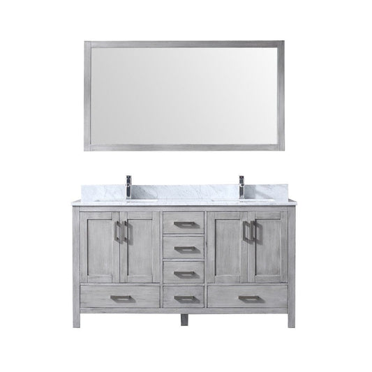 Lexora Vanities Lexora Jacques 60" Distressed Grey Double Vanity Set | White Carrara Marble Top | White Ceramic Square Undermount Sinks | 58" Mirror