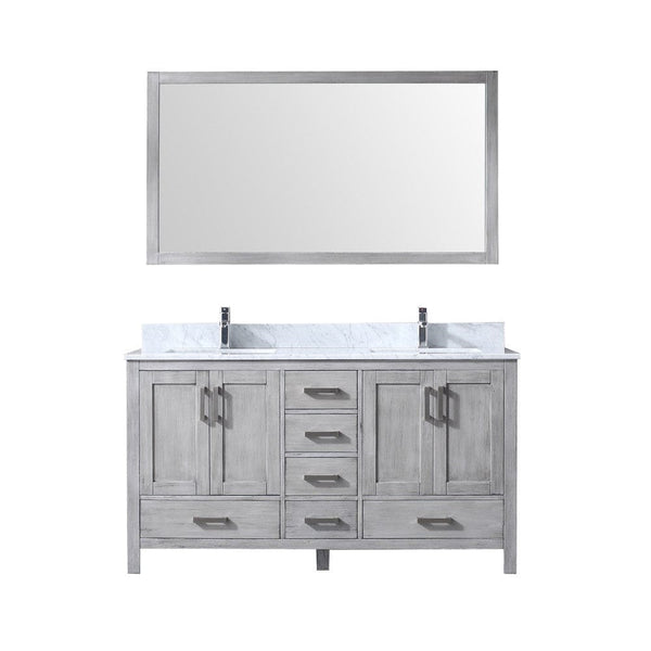 Lexora Jacques 60 Distressed Grey Double Vanity Set | White Carrara Marble Top | White Ceramic Square Undermount Sinks | 58 Mirror