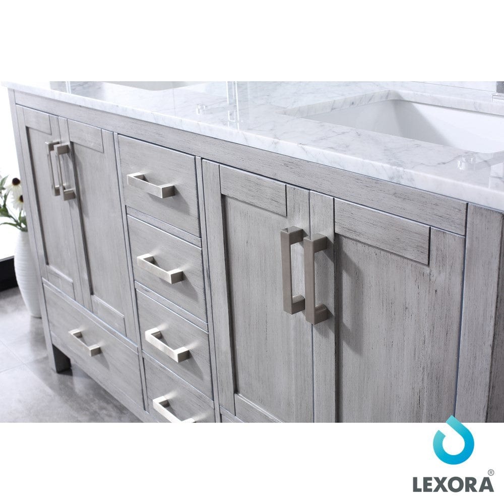 Lexora Jacques 60" Distressed Grey Double Vanity Set | White Carrara Marble Top | White Ceramic Square Undermount Sinks | 58" Mirror