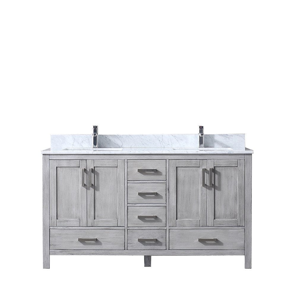 Lexora Jacques 60" Distressed Grey Double Vanity | White Carrara Marble Top | White Ceramic Square Undermount Sinks | No Mirror