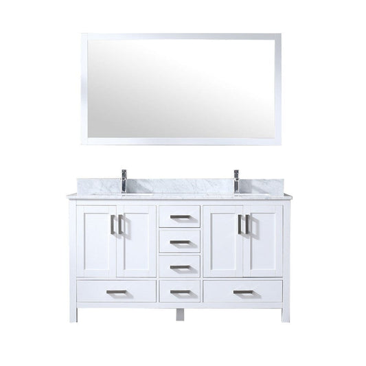 Lexora Vanities Lexora Jacques 60" White Double Vanity Set | White Carrara Marble Top | White Ceramic Square Undermount Sinks | 58" Mirror