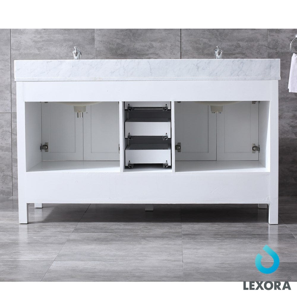 Lexora Jacques 60" White Double Vanity Set | White Carrara Marble Top | White Ceramic Square Undermount Sinks | 58" Mirror