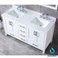 Lexora Jacques 60" White Double Vanity Set | White Carrara Marble Top | White Ceramic Square Undermount Sinks | 58" Mirror