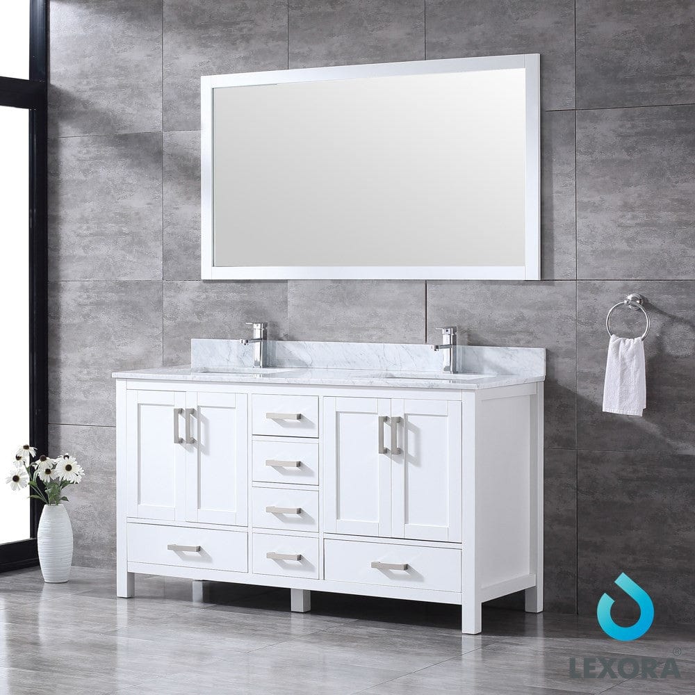 Lexora Jacques 60" White Double Vanity Set | White Carrara Marble Top | White Ceramic Square Undermount Sinks | 58" Mirror