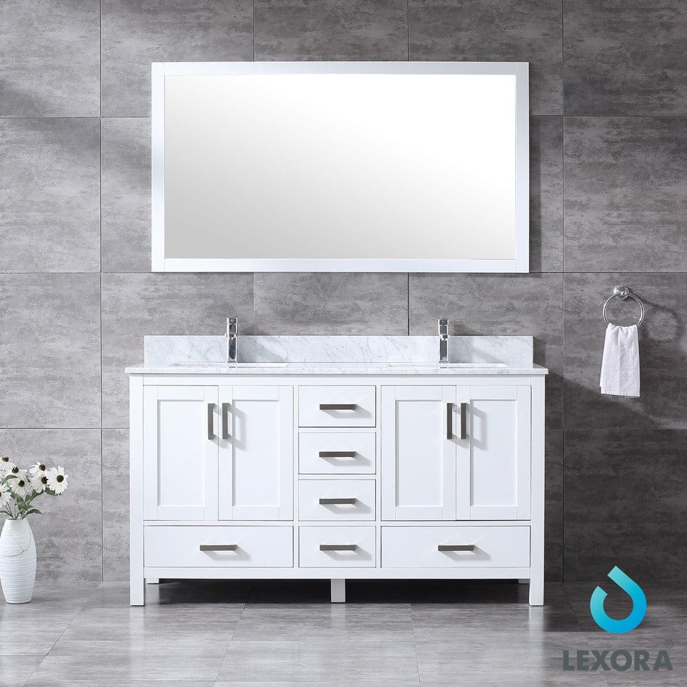 Lexora Jacques 60" White Double Vanity Set | White Carrara Marble Top | White Ceramic Square Undermount Sinks | 58" Mirror