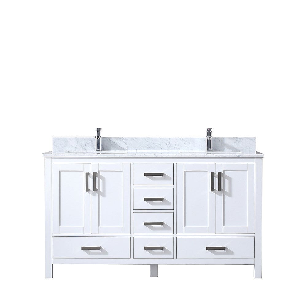 Lexora Vanities Lexora Jacques 60" White Double Vanity | White Carrara Marble Top | White Ceramic Square Undermount Sinks | No Mirror