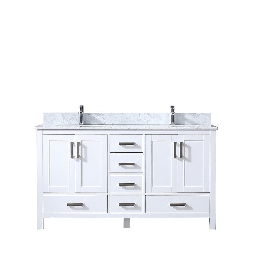 Lexora Jacques 60" White Double Vanity | White Carrara Marble Top | White Ceramic Square Undermount Sinks | No Mirror