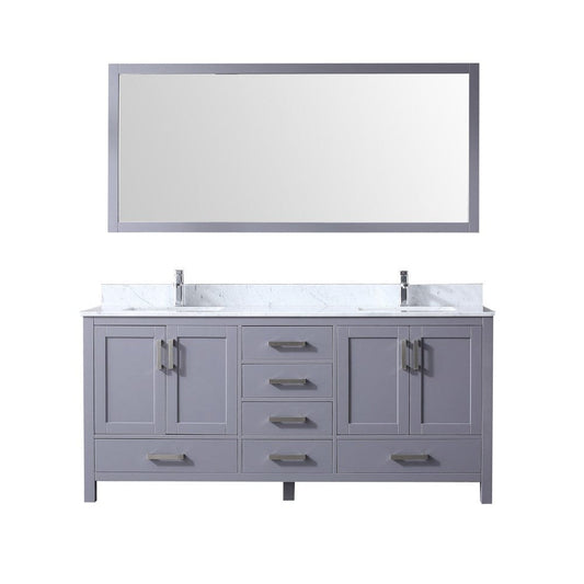 Lexora Vanities Lexora Jacques 72" Dark Grey Double Vanity Set | White Carrara Marble Top | White Ceramic Square Undermount Sinks | 70" Mirror