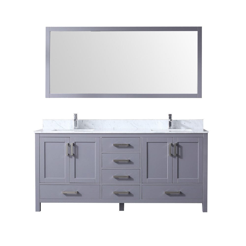 Lexora Jacques 72" Dark Grey Double Vanity Set | White Carrara Marble Top | White Ceramic Square Undermount Sinks | 70" Mirror