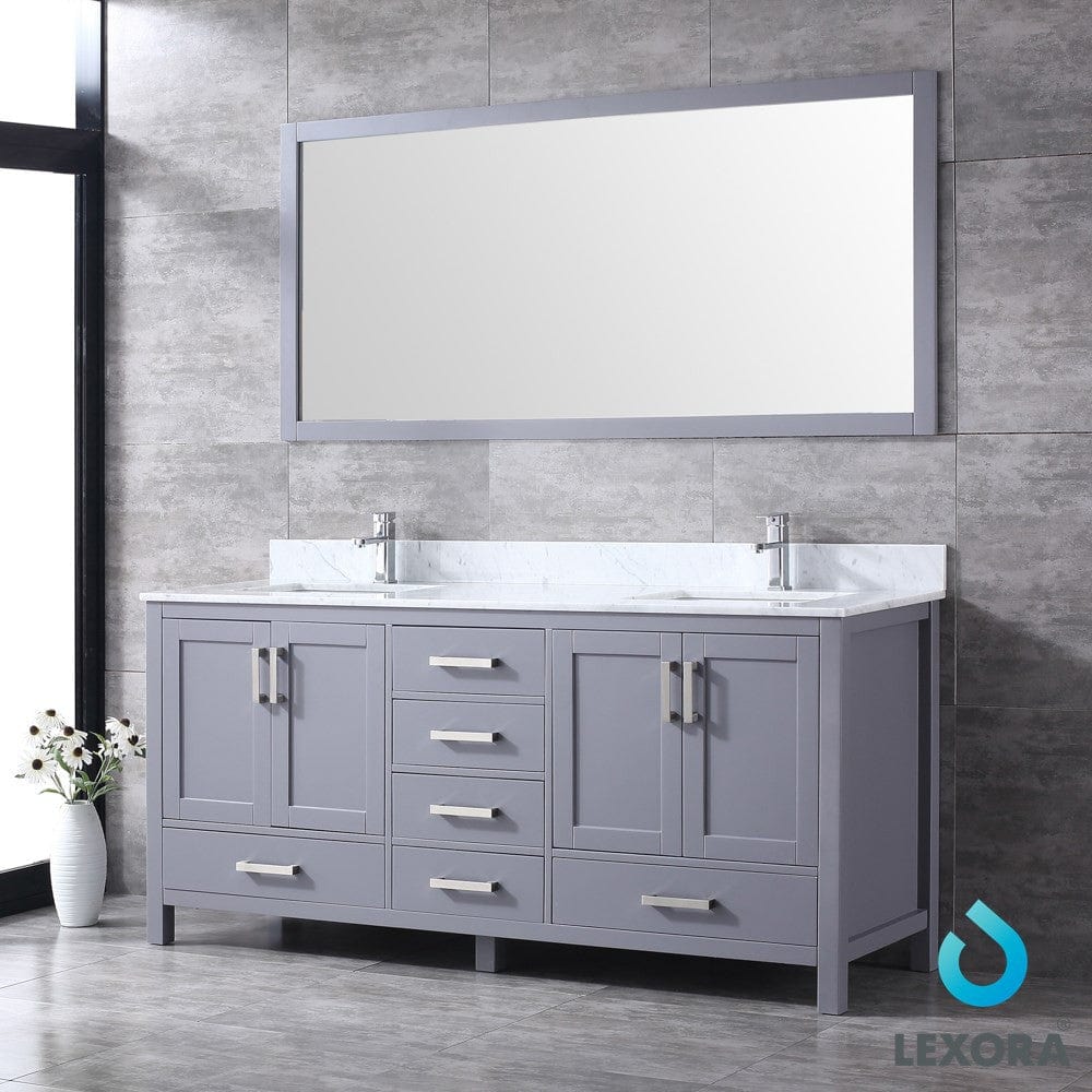 Lexora Jacques 72" Dark Grey Double Vanity Set | White Carrara Marble Top | White Ceramic Square Undermount Sinks | 70" Mirror