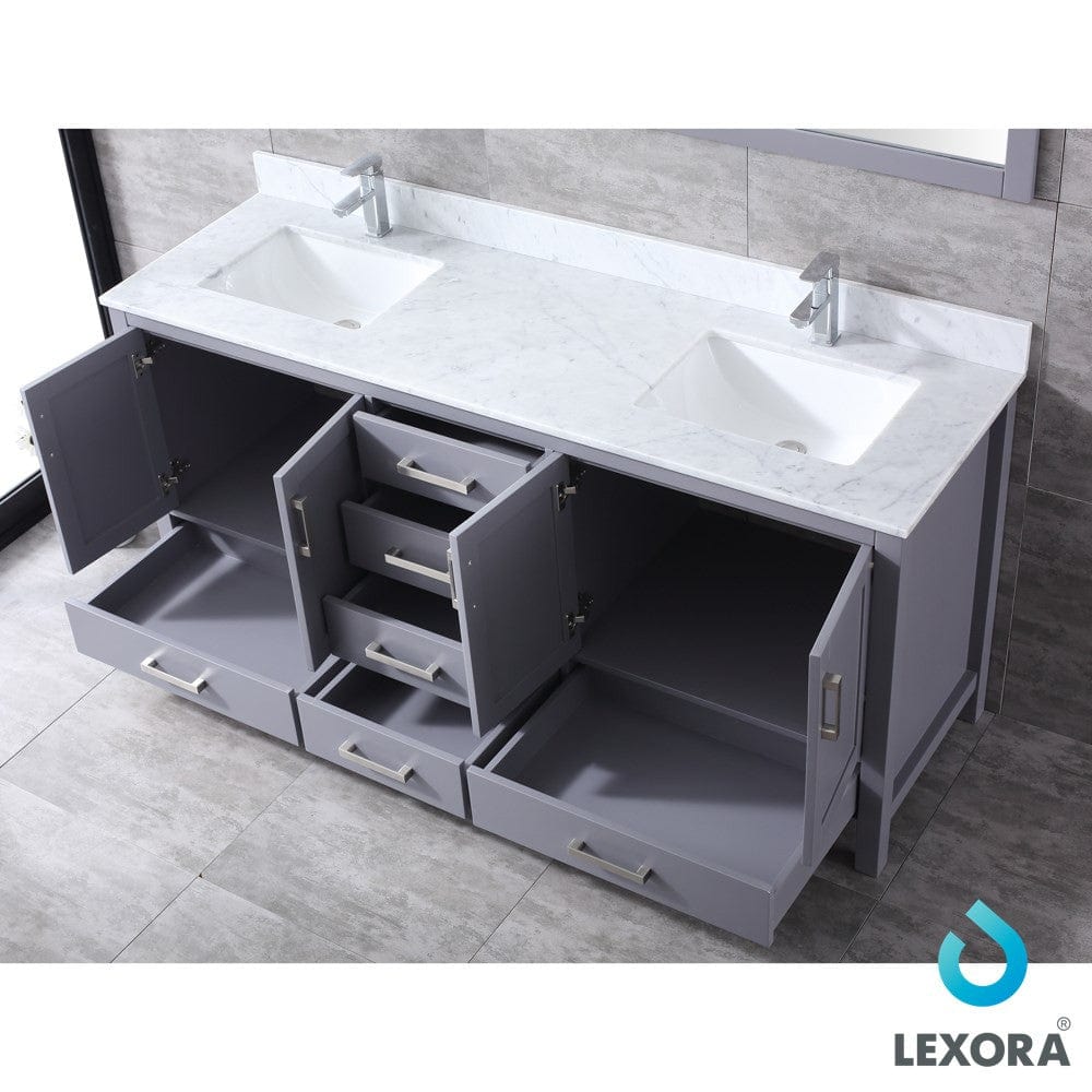 Lexora Jacques 72" Dark Grey Double Vanity Set | White Carrara Marble Top | White Ceramic Square Undermount Sinks | 70" Mirror