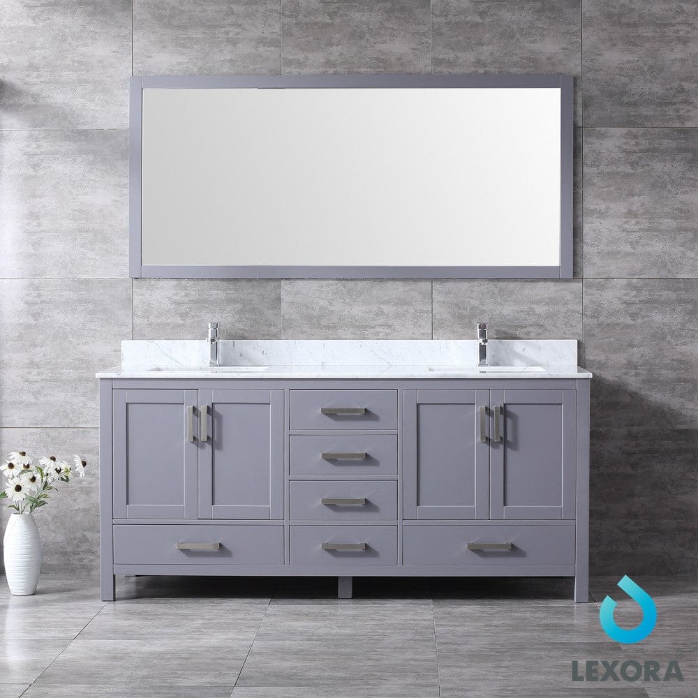 Lexora Jacques 72" Dark Grey Double Vanity Set | White Carrara Marble Top | White Ceramic Square Undermount Sinks | 70" Mirror