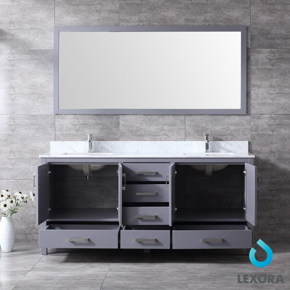 Lexora Jacques 72" Dark Grey Double Vanity Set | White Carrara Marble Top | White Ceramic Square Undermount Sinks | 70" Mirror