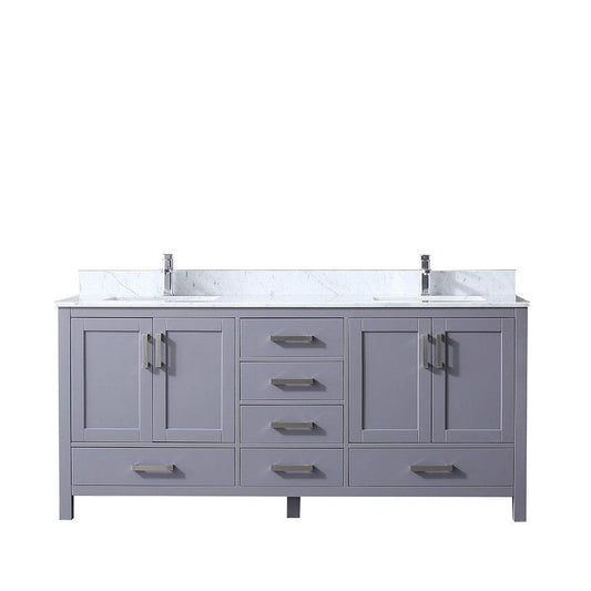 Lexora Jacques 72" Dark Grey Double Vanity | White Carrara Marble Top | White Ceramic Square Undermount Sinks | No Mirror